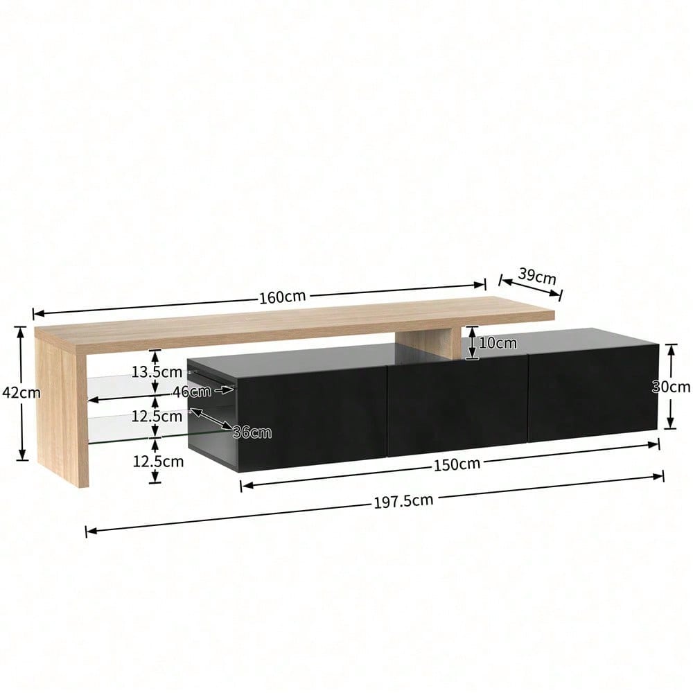 Modernes TV-Schrank-Design: Stilvolle Eleganz, praktischer Stauraum, Hochglänzendes Schwarz, Holzoptik, Glasböden, LED-Beleuchtung