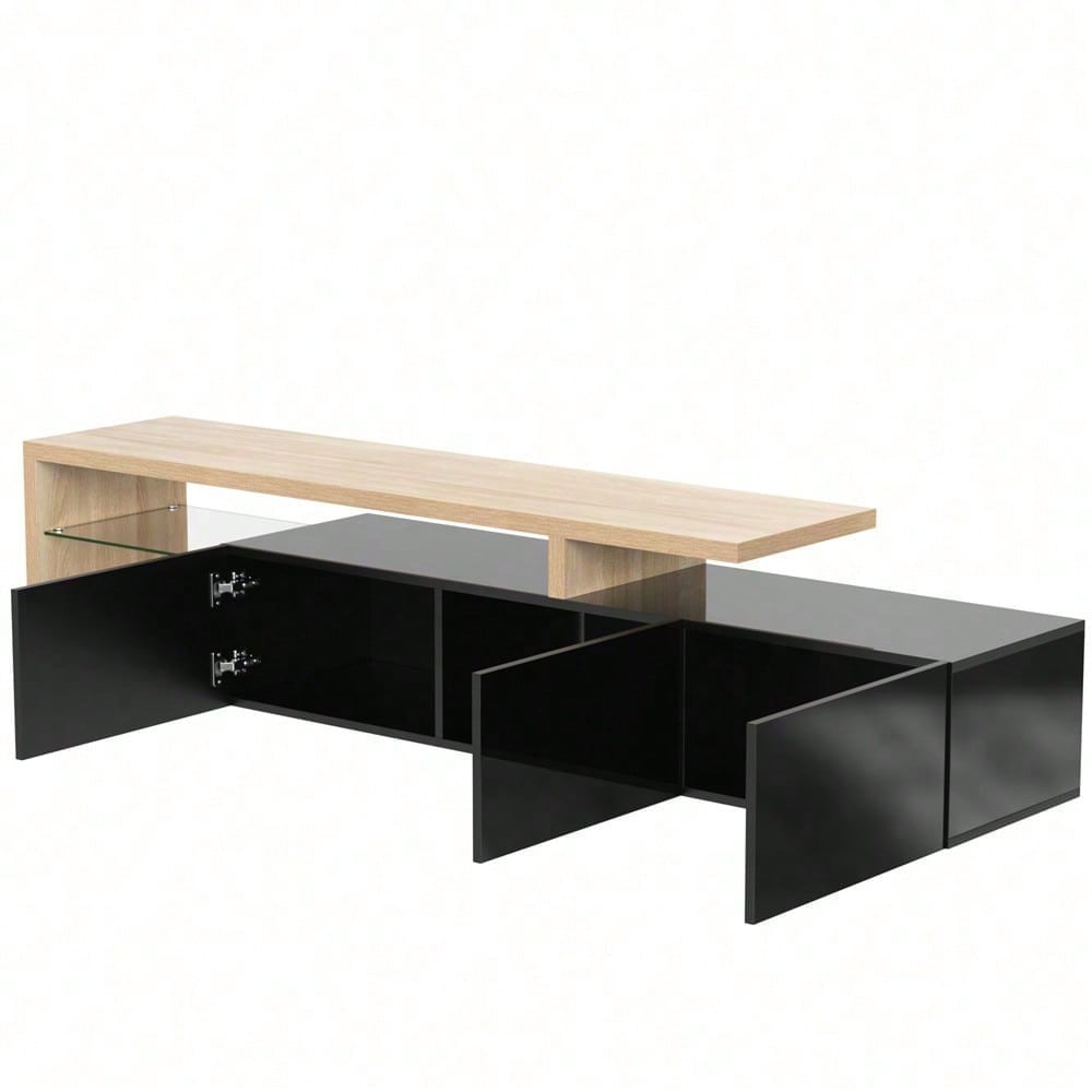 Modernes TV-Schrank-Design: Stilvolle Eleganz, praktischer Stauraum, Hochglänzendes Schwarz, Holzoptik, Glasböden, LED-Beleuchtung