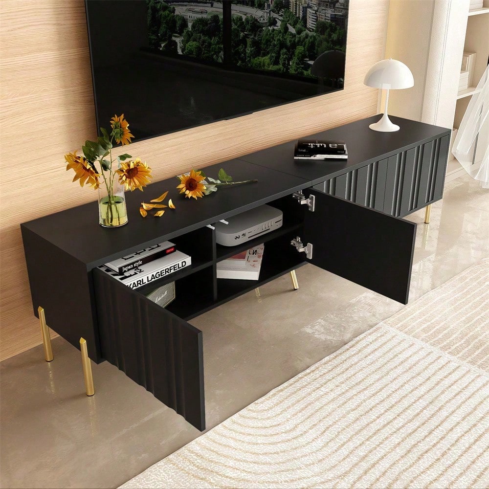 Schwarzes TV-Schrank, 190 cm(L) x 38 cm(W) x 48 cm(H), goldene Tischbeine