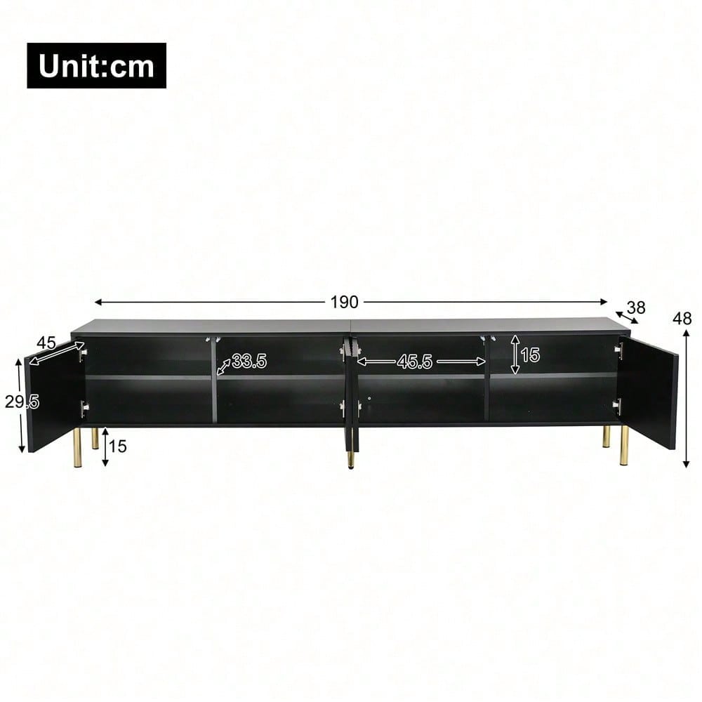Schwarzes TV-Schrank, 190 cm(L) x 38 cm(W) x 48 cm(H), goldene Tischbeine