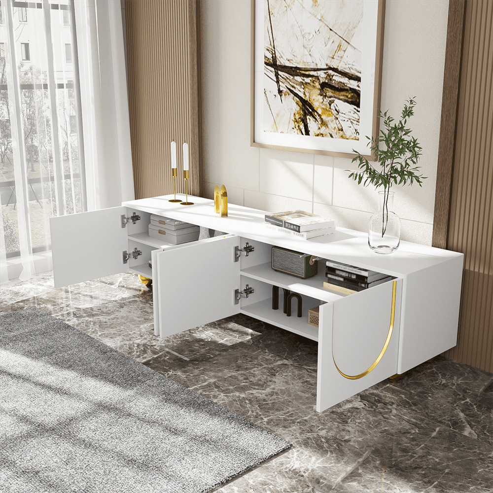 TV-Schrank, lowboard mit strukturierten Türen, goldenen Verzierungen, goldenen runden Beinen, inklusive Einlegeböden, push-to-open