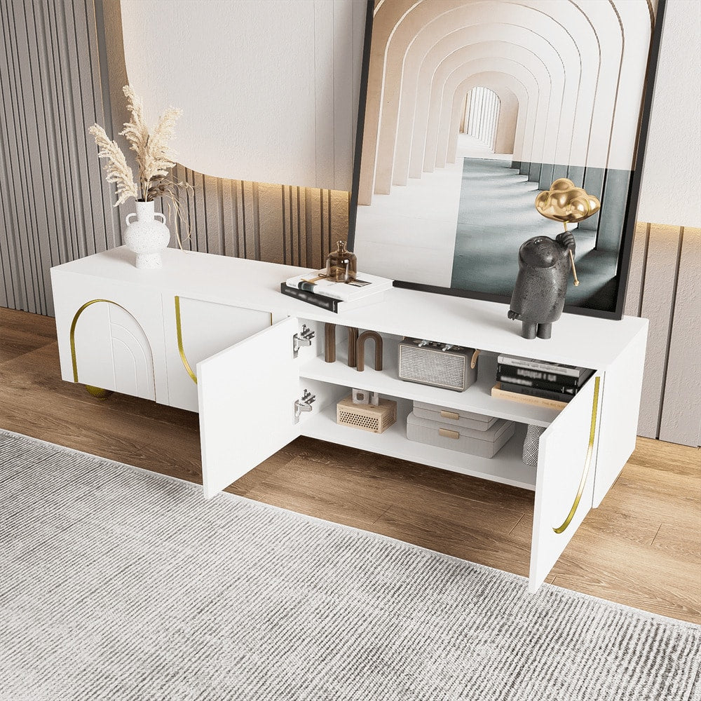 TV-Schrank, lowboard mit strukturierten Türen, goldenen Verzierungen, goldenen runden Beinen, inklusive Einlegeböden, push-to-open