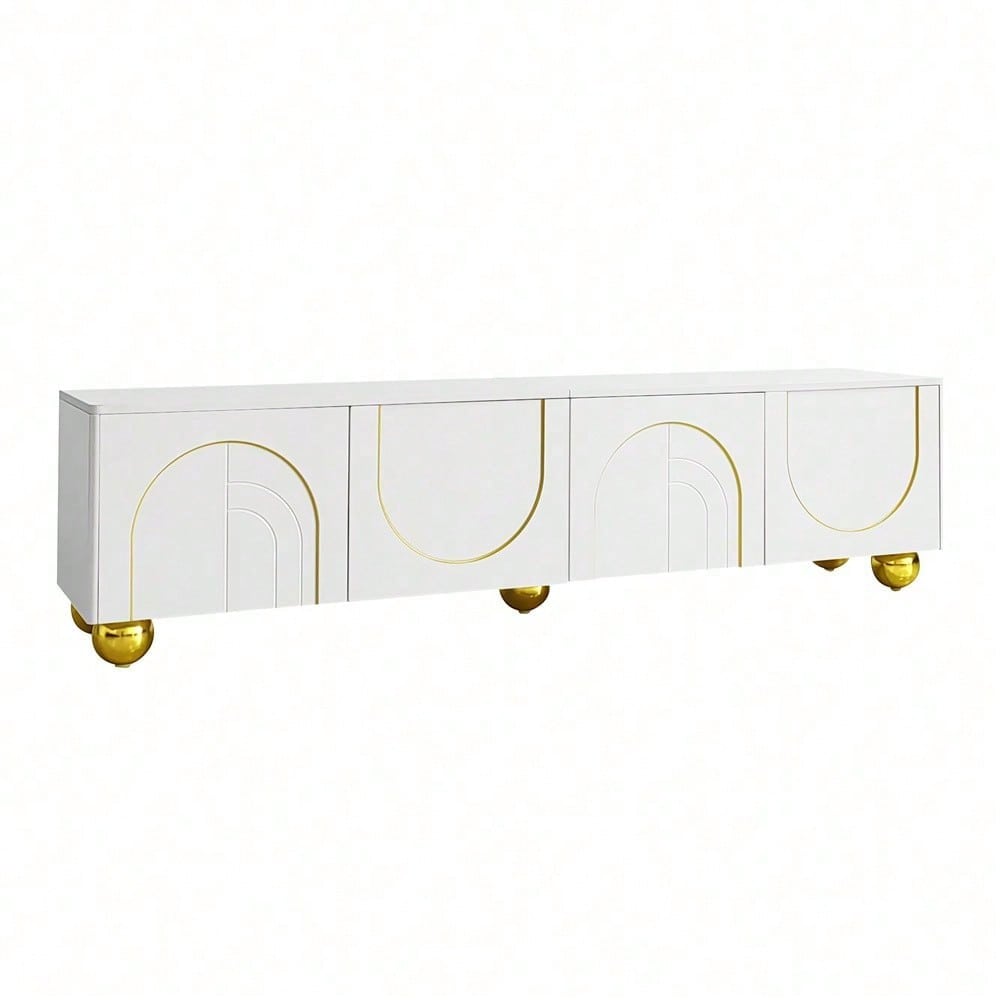 TV-Schrank, lowboard mit strukturierten Türen, goldenen Verzierungen, goldenen runden Beinen, inklusive Einlegeböden, push-to-open