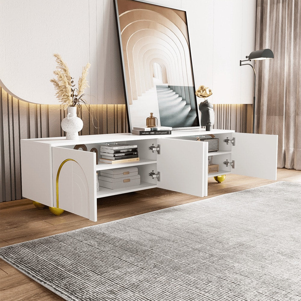 TV-Schrank, lowboard mit strukturierten Türen, goldenen Verzierungen, goldenen runden Beinen, inklusive Einlegeböden, push-to-open