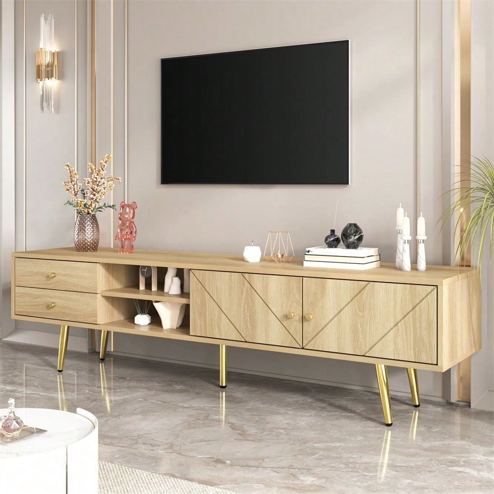 TV-Schrank 160 cm mit Goldfüßen, Zwei Schubladen und Einzigartig Gestalteten Türen
