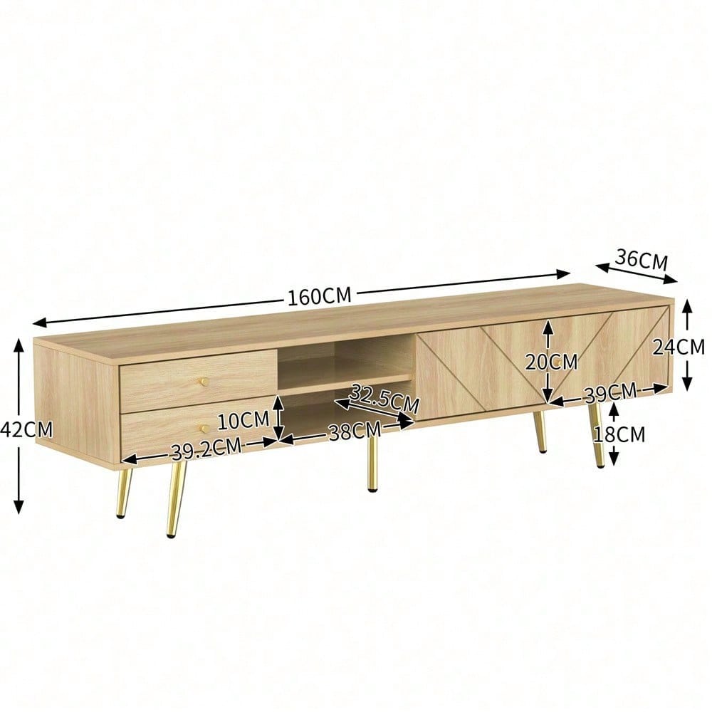 TV-Schrank 160 cm mit Goldfüßen, Zwei Schubladen und Einzigartig Gestalteten Türen
