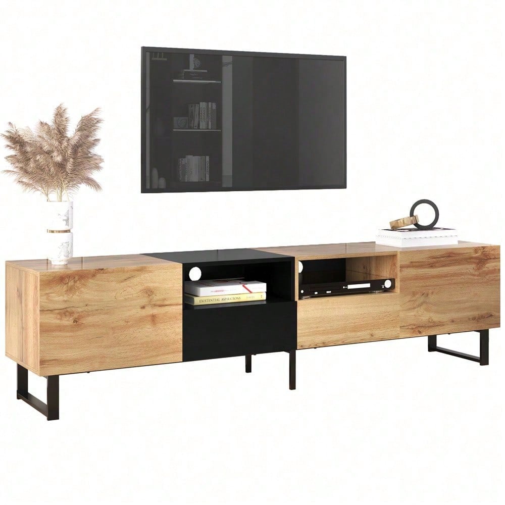 Moderner TV-Ständer mit schwarzem und holzfarbenem Design – geräumiger Stauraum, robuste Konstruktion
