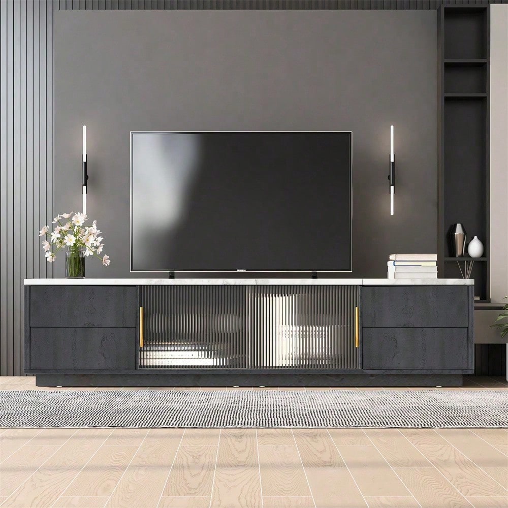 160cm Deluxe TV Stand für 70" TV - Stilvolles Grau, marmorierte Tischplatte, Kabelmanagement, Schubladen mit Push-to-Open-Funktion