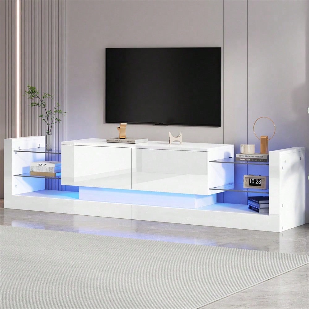 Hochglanz-TV-Schrank mit LED-Beleuchtung, 181 cm – Für Fernseher bis 80 Zoll, Glasfront, zwei klappbare Schubladen