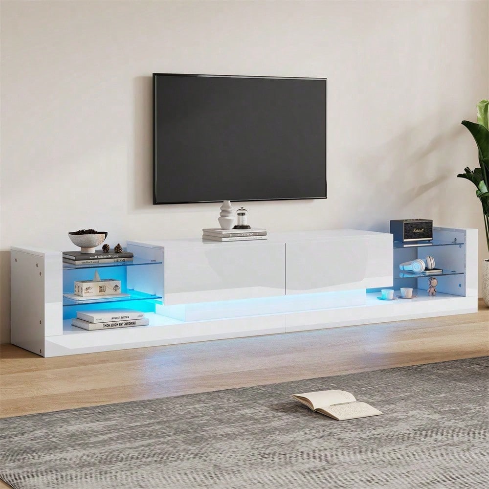 Hochglanz-TV-Schrank mit LED-Beleuchtung, 181 cm – Für Fernseher bis 80 Zoll, Glasfront, zwei klappbare Schubladen
