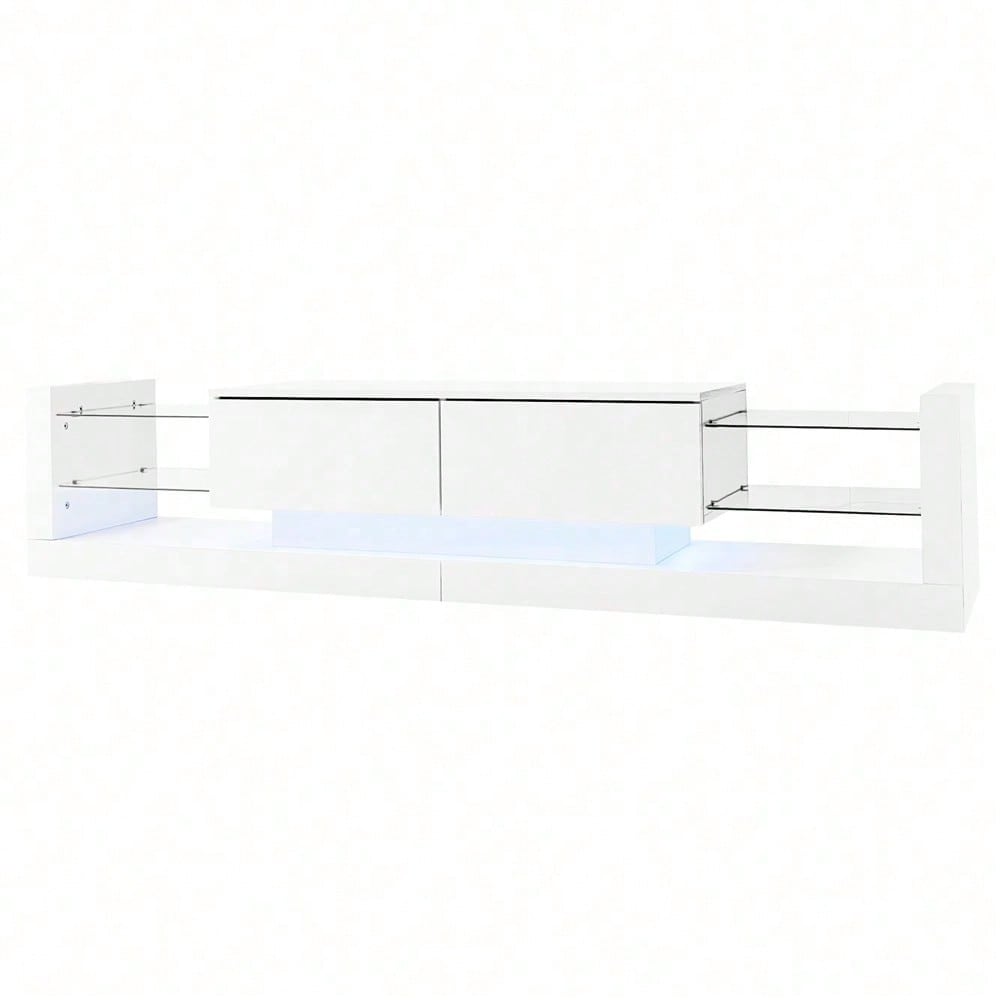 Hochglanz-TV-Schrank mit LED-Beleuchtung, 181 cm – Für Fernseher bis 80 Zoll, Glasfront, zwei klappbare Schubladen