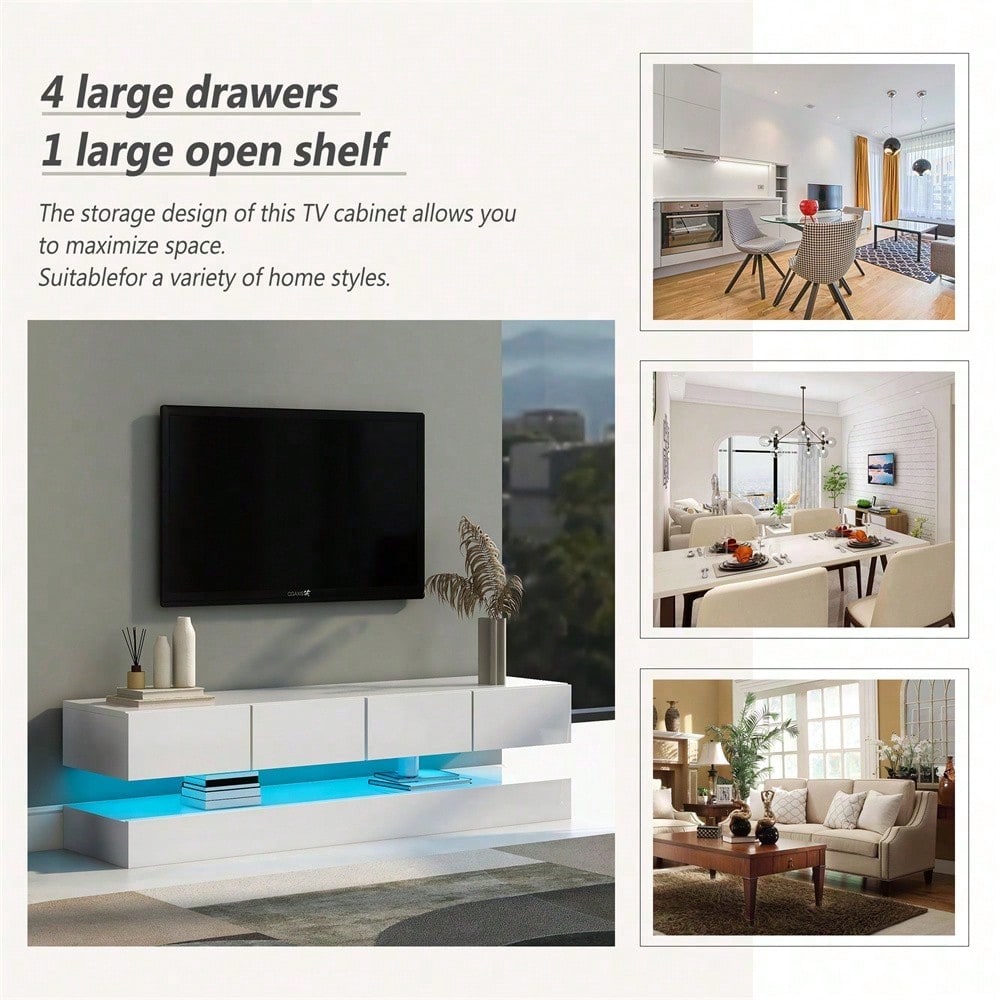 TV Lowboard,Wandmontierter TV-Schrank,TV-Ständer, TV-Möbel mit 2 Schränken und 4 großen Schubladen, 16-farbige Beleuchtung Wandschrank für bis zu 55 Zoll Fernseher Weiß 130*33*15cm