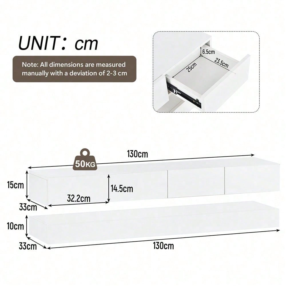 TV Lowboard,Wandmontierter TV-Schrank,TV-Ständer, TV-Möbel mit 2 Schränken und 4 großen Schubladen, 16-farbige Beleuchtung Wandschrank für bis zu 55 Zoll Fernseher Weiß 130*33*15cm