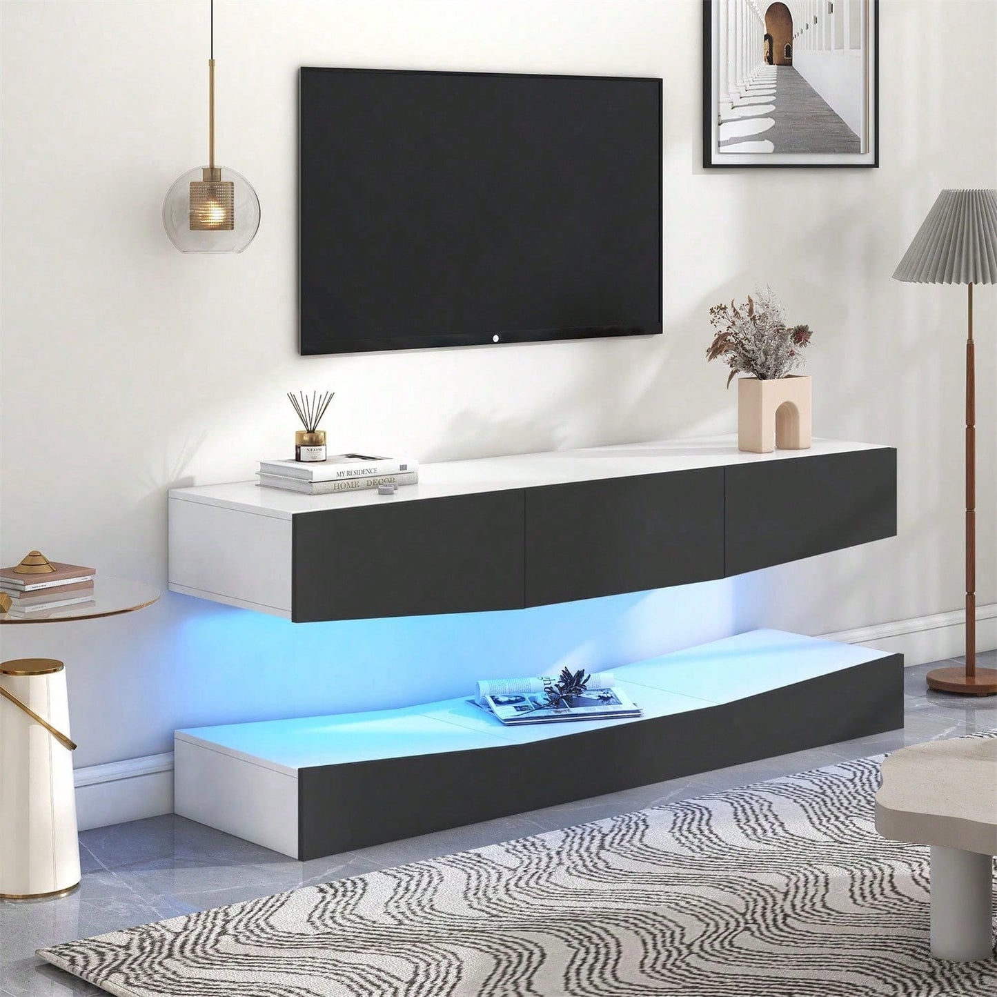 TV Board Hängend TV Stand TV Schank mit LED-Beleuchtung TV Schrank Hängend Wand befestigter schwimmender TV-Ständer Unterhaltungs Medienkonsolen-Center für Wohnzimmer Home