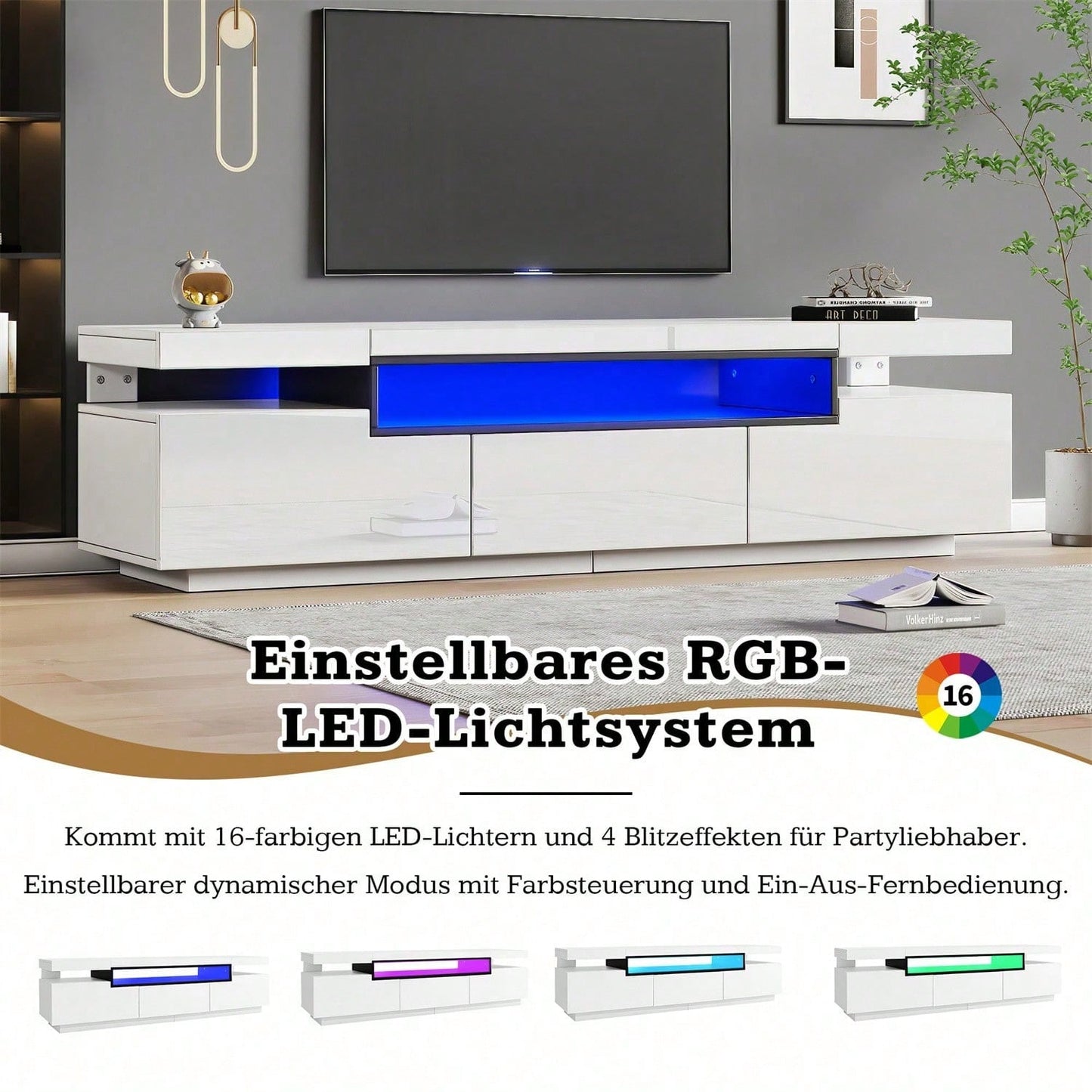 Eleganter Hochglanz-TV-Schrank 160x39x42cm – Weiß mit 16 Farben LED-Beleuchtung – Platz für 70 Zoll Fernseher – Inklusive 3 Schubladen,Hochglanz-TV-Ständer