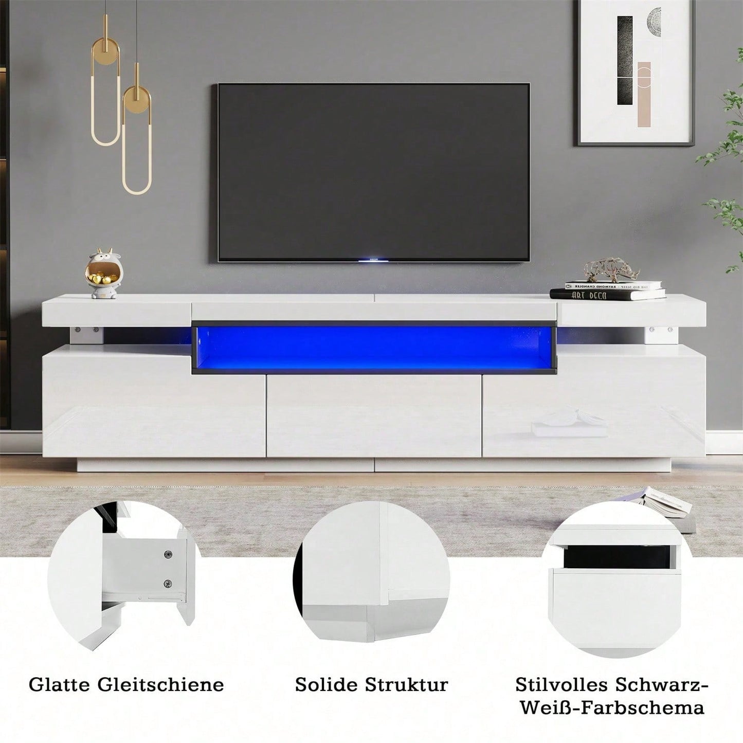 Eleganter Hochglanz-TV-Schrank 160x39x42cm – Weiß mit 16 Farben LED-Beleuchtung – Platz für 70 Zoll Fernseher – Inklusive 3 Schubladen,Hochglanz-TV-Ständer