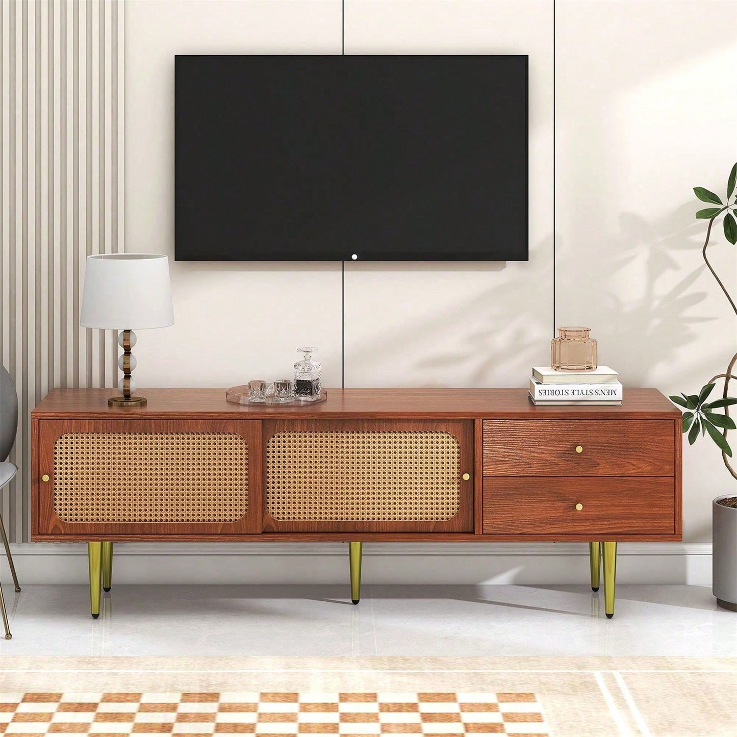 Stilvoller TV-Ständer mit Rattan-Schiebetüren und praktischen Schubladen, Nussbaum mit dunklem Kunststoff-Rattan, 2 Schubladen, 2 Rattan-Schiebetüren, 4 Fächer zur Aufbewahrung, 160*40*60cm.