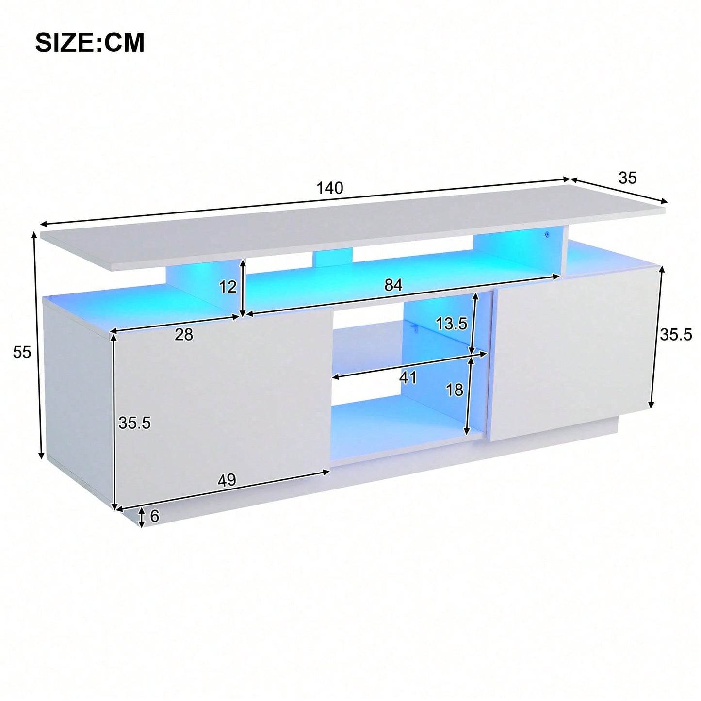 Moderner weißer TV-Schrank mit 16-farbiger LED-Beleuchtung, 1,4 m lang - Stilvoller Aufbewahrungsschrank für 60-Zoll-TV, 16-farbige Lichtleiste, hochglänzende Türblätter mit Glasfächern