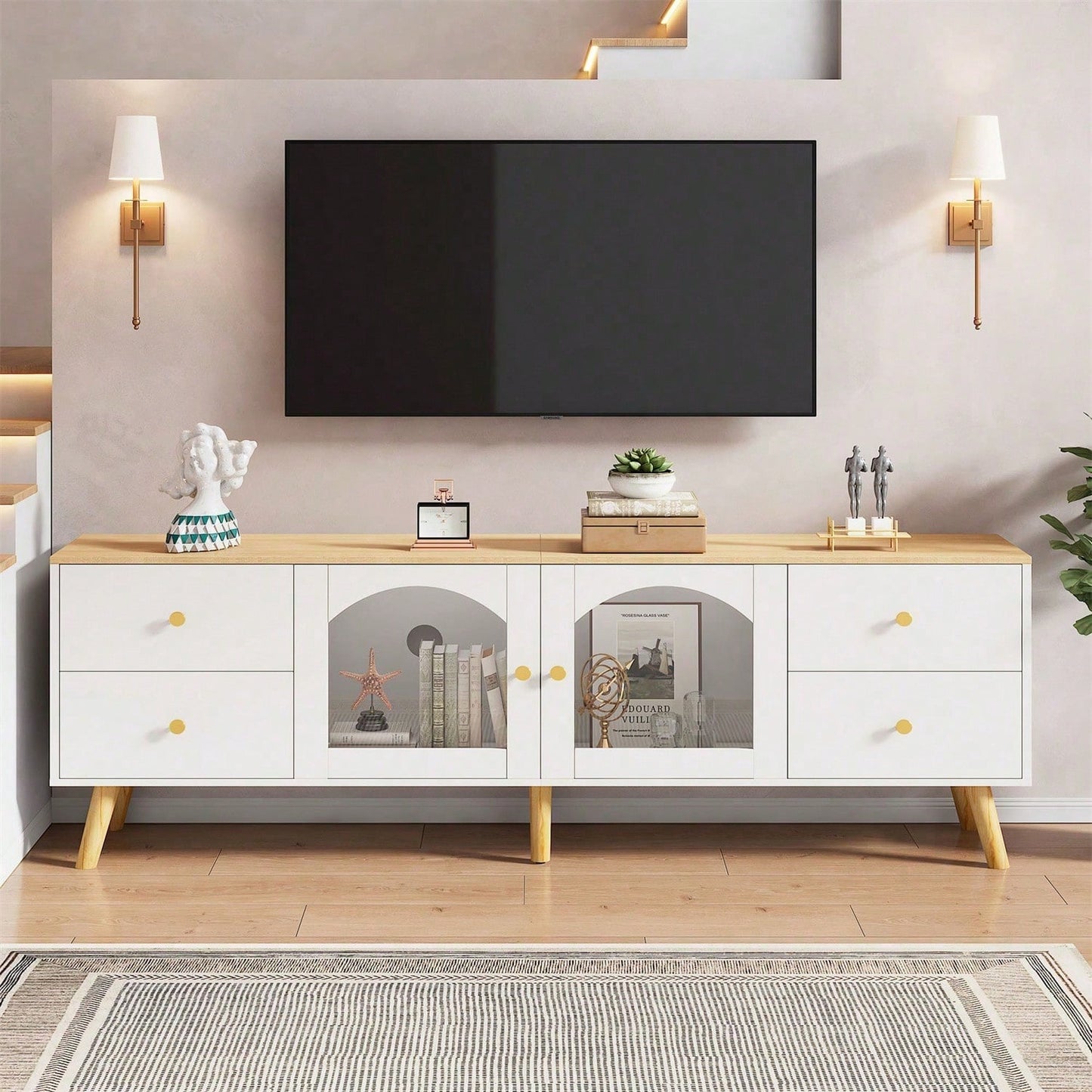TV-Schrank mit Stauraum, Dekoschrank mit 2 Seitentüren Hartglas, TV-Entertainment Dekotisch mit geschwungenem Design, geeignet für Esszimmer, Wohnzimmer, Eingangsbereich, weißes Original-Holzdekor mit