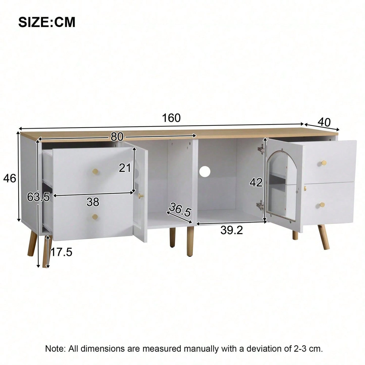 TV-Schrank mit Stauraum, Dekoschrank mit 2 Seitentüren Hartglas, TV-Entertainment Dekotisch mit geschwungenem Design, geeignet für Esszimmer, Wohnzimmer, Eingangsbereich, weißes Original-Holzdekor mit