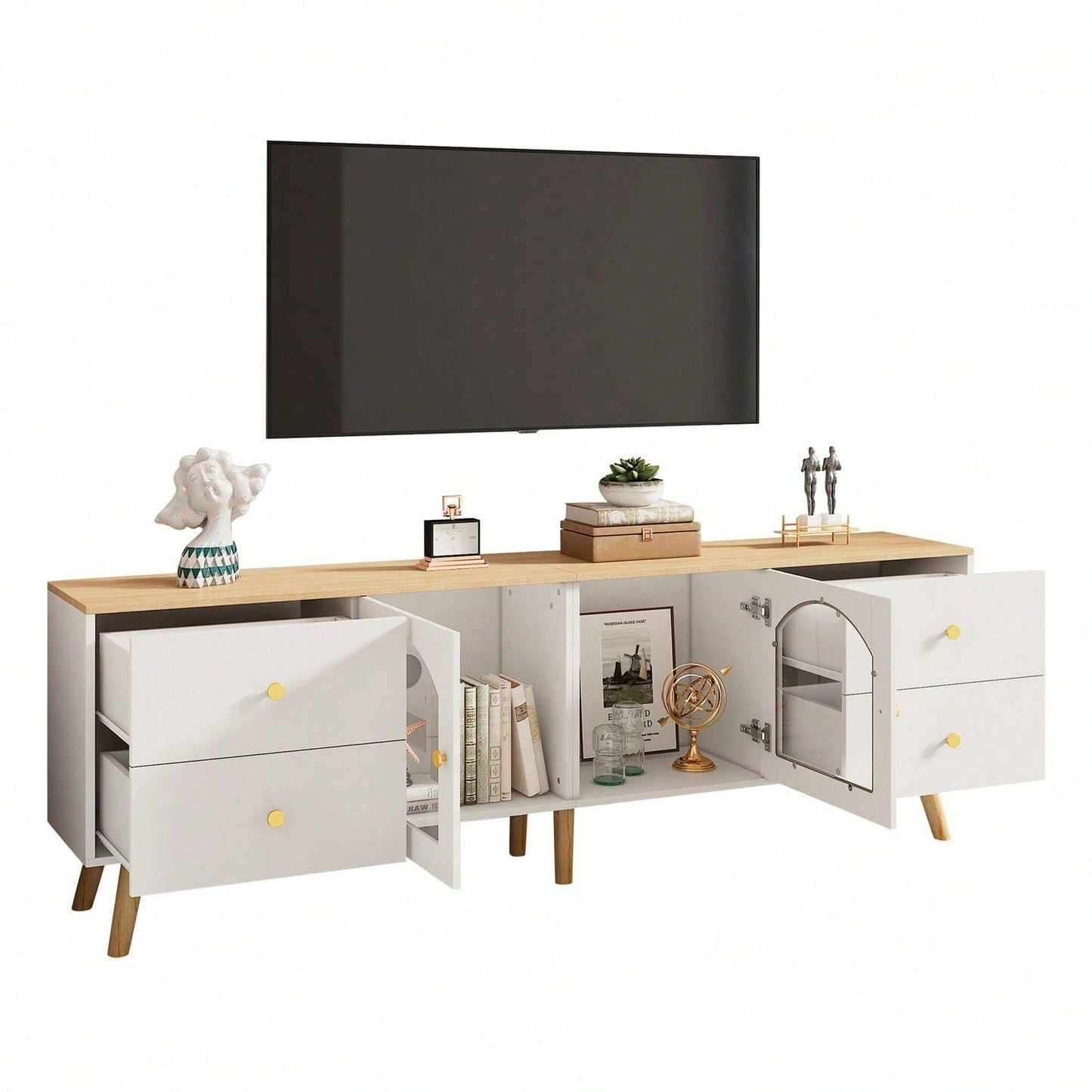 TV-Schrank mit Stauraum, Dekoschrank mit 2 Seitentüren Hartglas, TV-Entertainment Dekotisch mit geschwungenem Design, geeignet für Esszimmer, Wohnzimmer, Eingangsbereich, weißes Original-Holzdekor mit