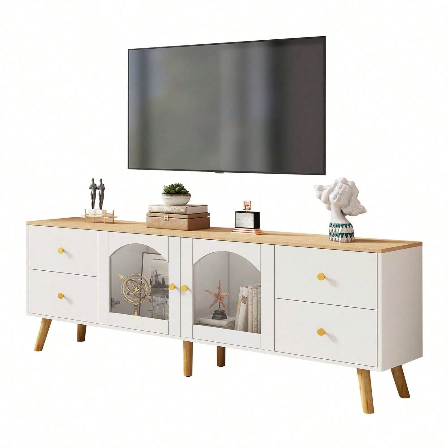 TV-Schrank mit Stauraum, Dekoschrank mit 2 Seitentüren Hartglas, TV-Entertainment Dekotisch mit geschwungenem Design, geeignet für Esszimmer, Wohnzimmer, Eingangsbereich, weißes Original-Holzdekor mit