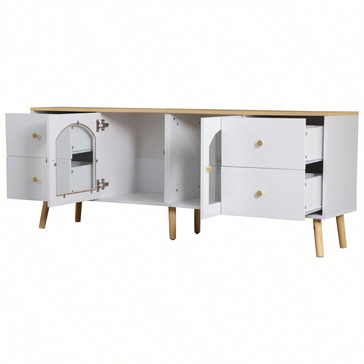 TV-Schrank mit Stauraum, Dekoschrank mit 2 Seitentüren Hartglas, TV-Entertainment Dekotisch mit geschwungenem Design, geeignet für Esszimmer, Wohnzimmer, Eingangsbereich, weißes Original-Holzdekor mit