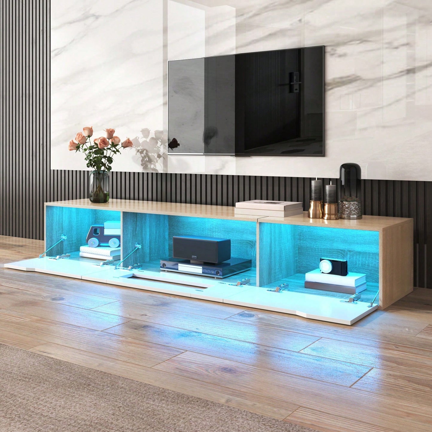TV-Schrank, Hochglanz-TV-Schrank, farblich passend zu Schwarz und Weiß, mit farbwechselnder LED-Beleuchtung