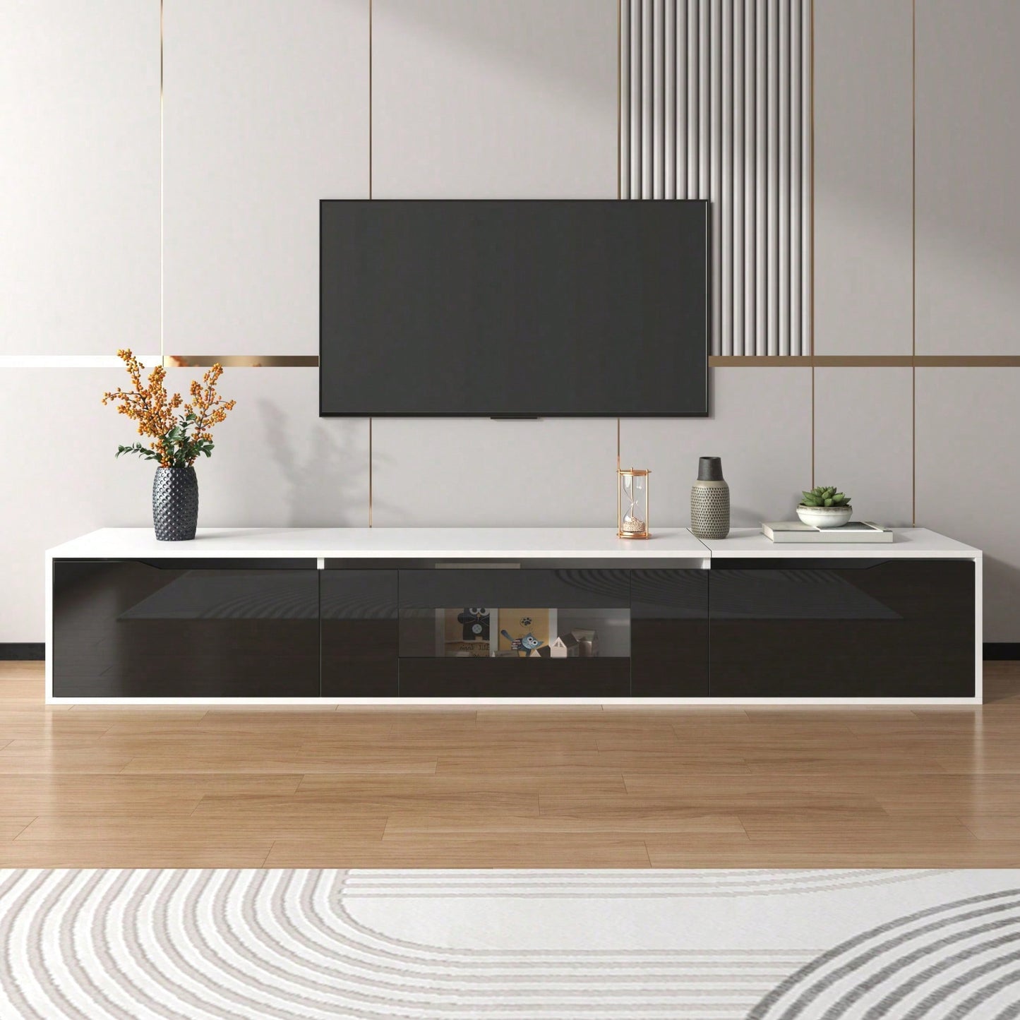 TV-Schrank, Hochglanz-TV-Schrank, farblich passend zu Schwarz und Weiß, mit farbwechselnder LED-Beleuchtung