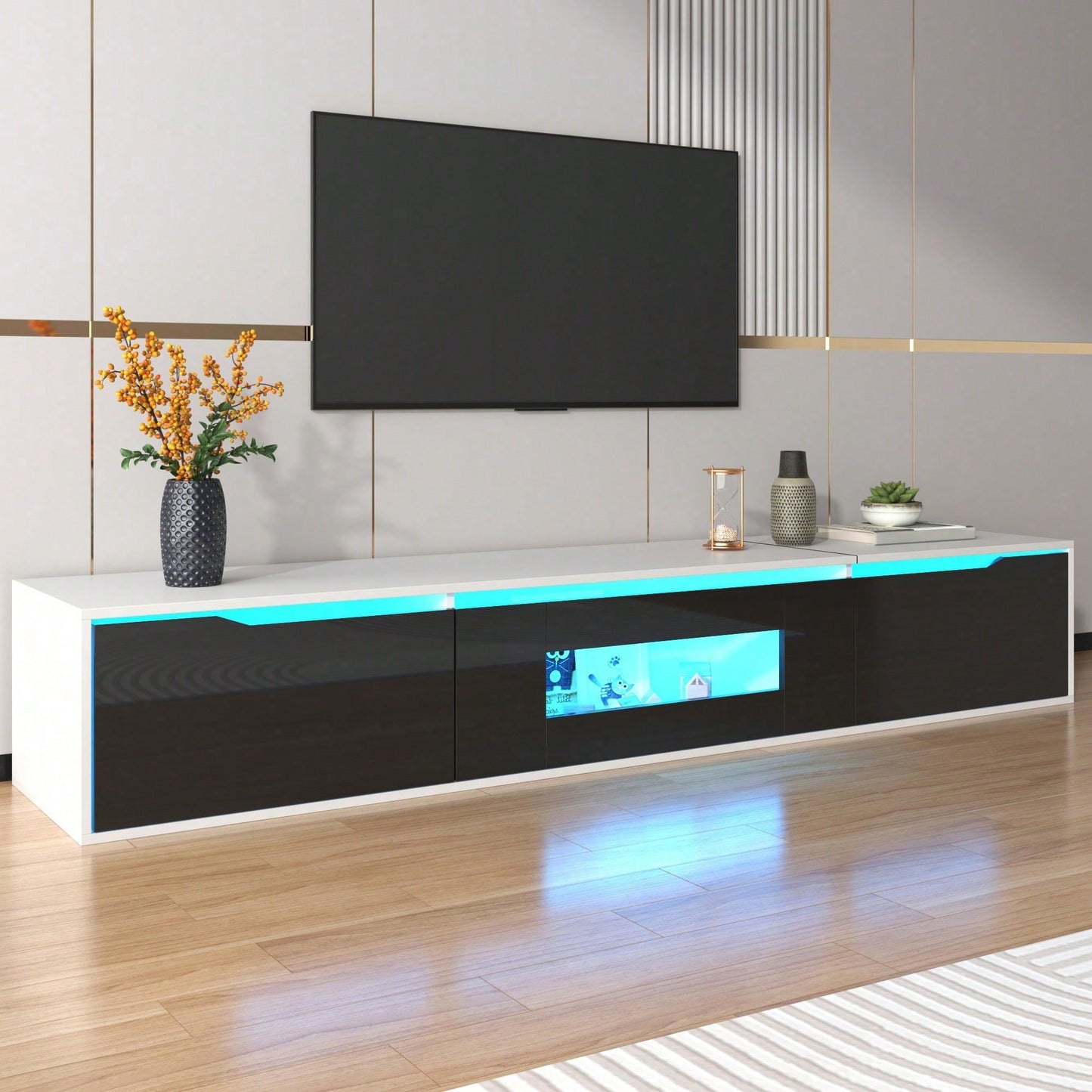 TV-Schrank, Hochglanz-TV-Schrank, farblich passend zu Schwarz und Weiß, mit farbwechselnder LED-Beleuchtung