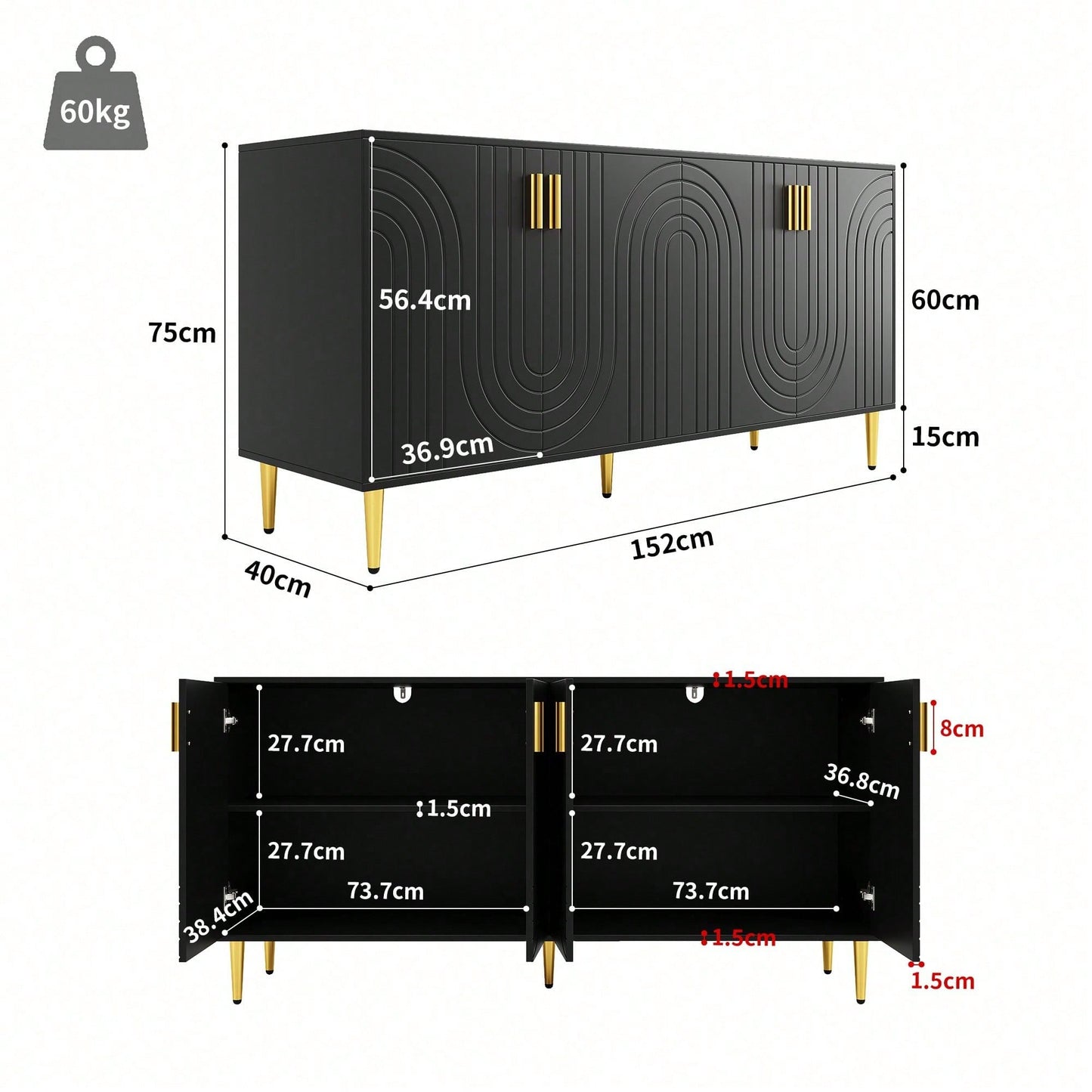 Elegantes Sideboard 152x40x75 cm in Schwarz – Mit exklusivem Wellendesign & goldenen Griffen/Füßen – Hochwertiger Esszimmerschrank (Modell: N620P17539192AAS)