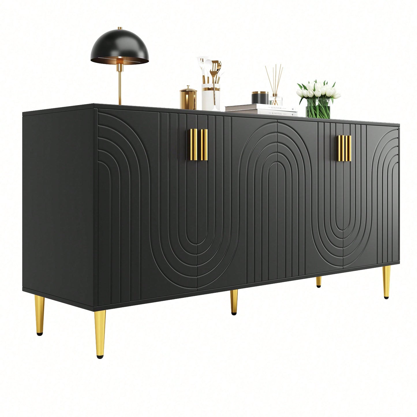 Elegantes Sideboard 152x40x75 cm in Schwarz – Mit exklusivem Wellendesign & goldenen Griffen/Füßen – Hochwertiger Esszimmerschrank (Modell: N620P17539192AAS)