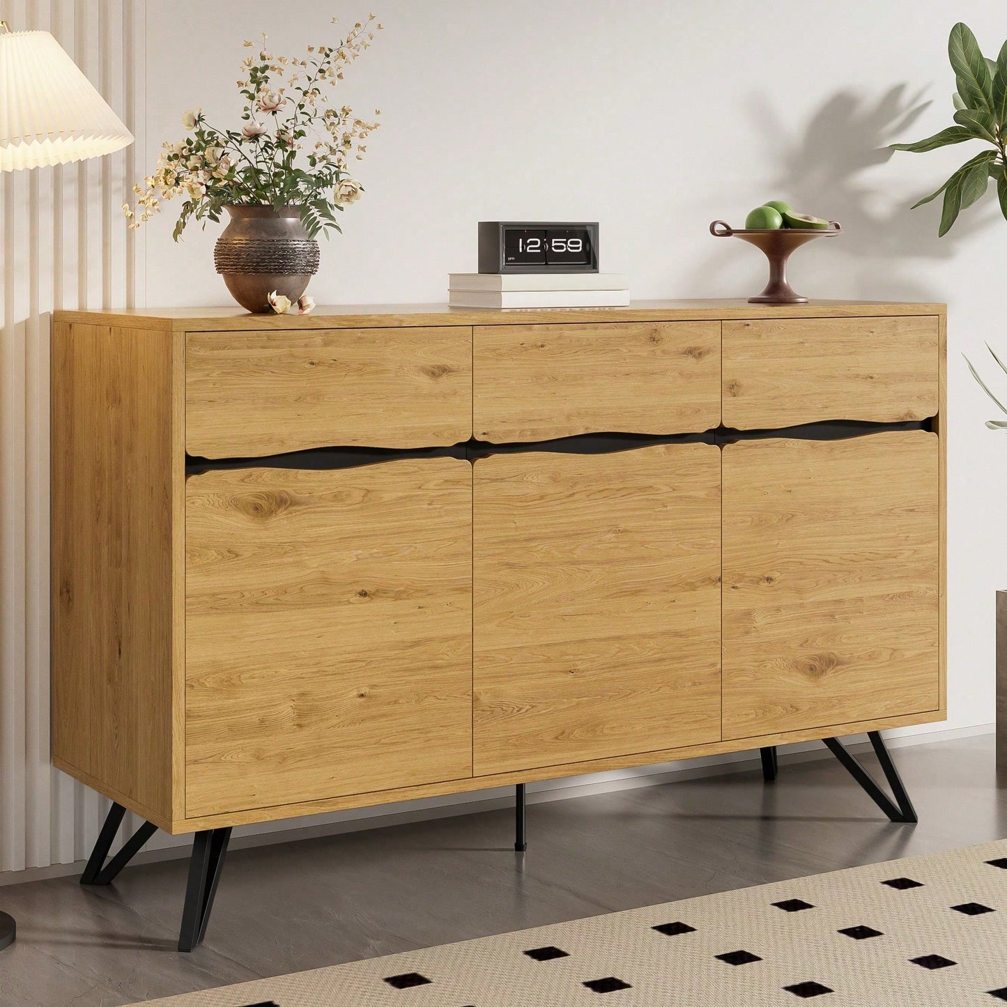 Modernes 3-türiges Sideboard in Holzoptik - Mit Metallbeinen & großzügigem Stauraum - Für Wohnzimmer, Esszimmer & Flur