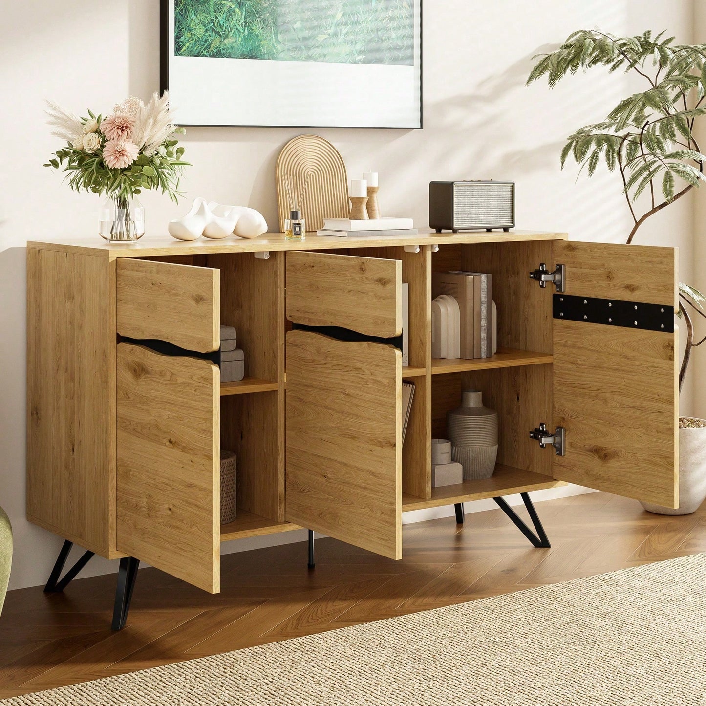 Modernes 3-türiges Sideboard in Holzoptik - Mit Metallbeinen & großzügigem Stauraum - Für Wohnzimmer, Esszimmer & Flur