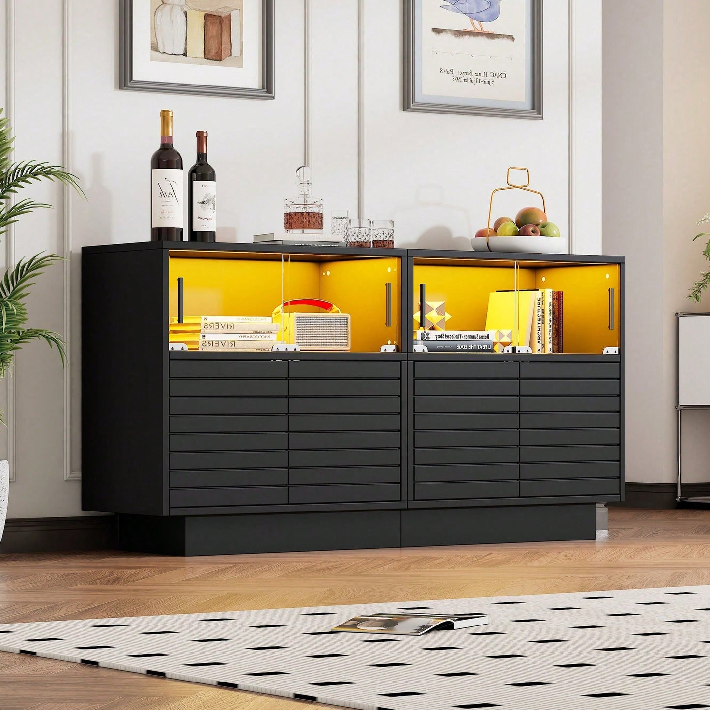 Sideboard 130x35x68 cm – Moderner Wohnraumschrank mit 2 Kabinetten, 4 Fächern & Glastüren – Hochwertiges Highboard mit LED-Beleuchtung und großzügigem Stauraum (Beistellschrank für Wohnzimmer)