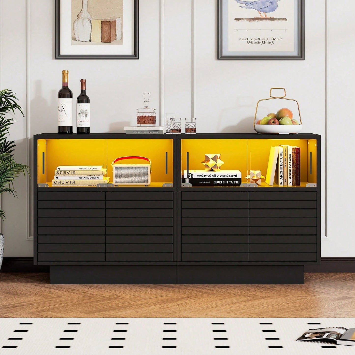 Sideboard 130x35x68 cm – Moderner Wohnraumschrank mit 2 Kabinetten, 4 Fächern & Glastüren – Hochwertiges Highboard mit LED-Beleuchtung und großzügigem Stauraum (Beistellschrank für Wohnzimmer)