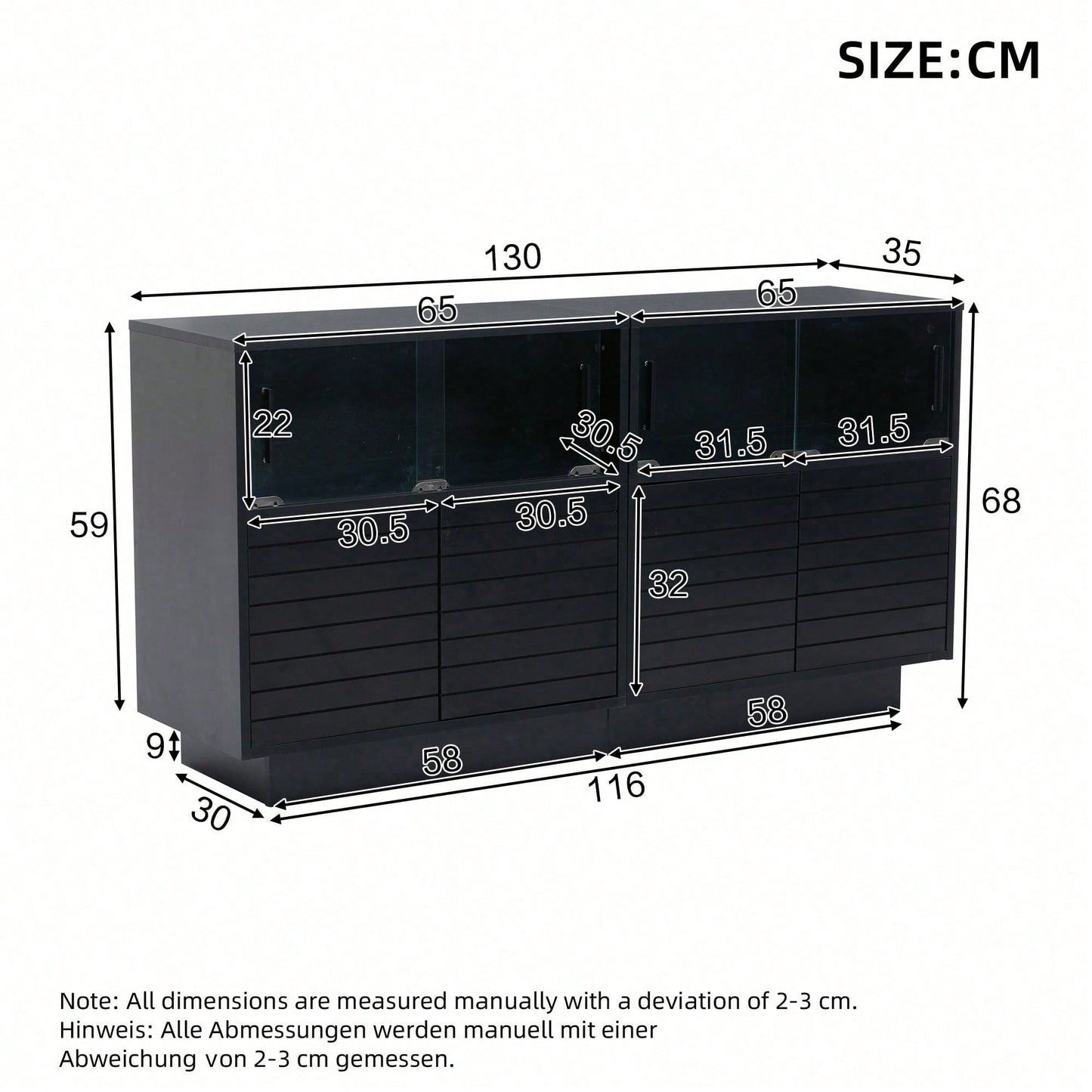 Sideboard 130x35x68 cm – Moderner Wohnraumschrank mit 2 Kabinetten, 4 Fächern & Glastüren – Hochwertiges Highboard mit LED-Beleuchtung und großzügigem Stauraum (Beistellschrank für Wohnzimmer)