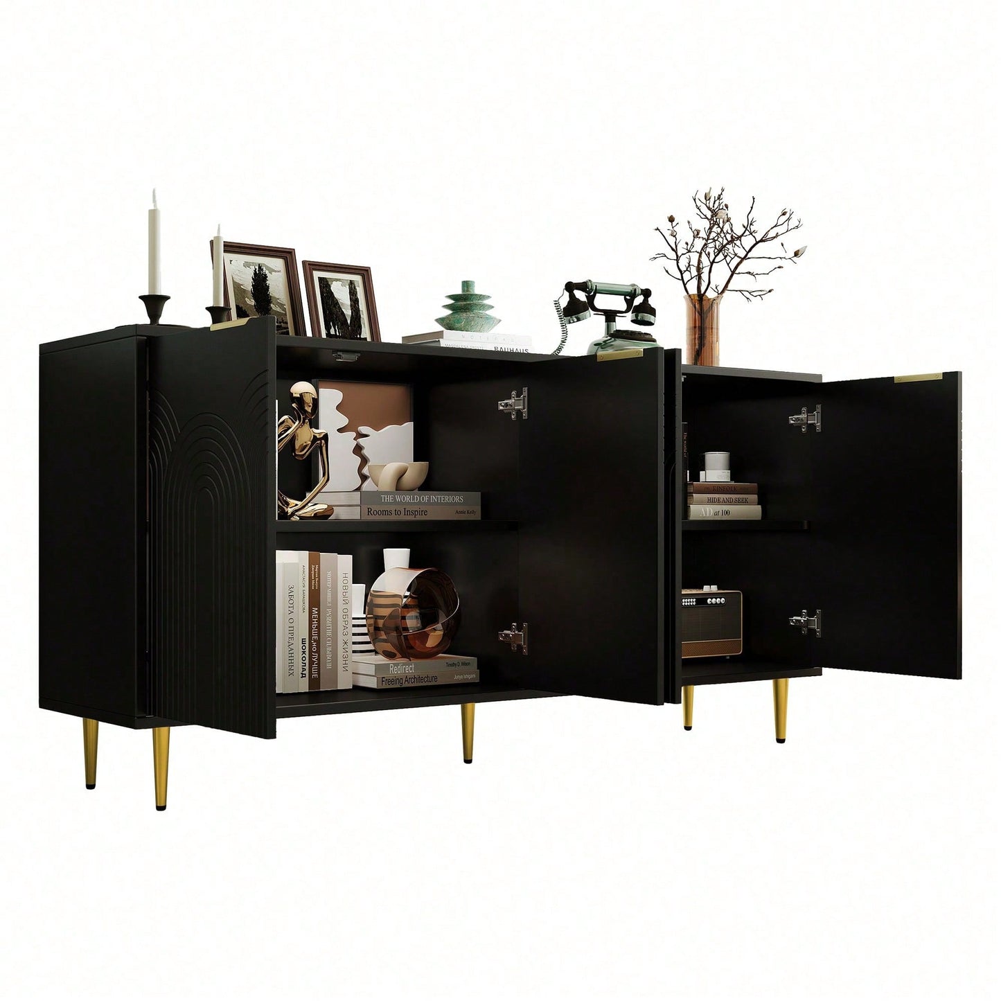 Schwarzes Sideboard mit Goldakzenten – Moderne Kommode mit 4 Türen, gebürsteten Griffen & Hochglanzbeinen (160*80*40 cm) – Eleganter Wohntresor fürs Wohnzimmer