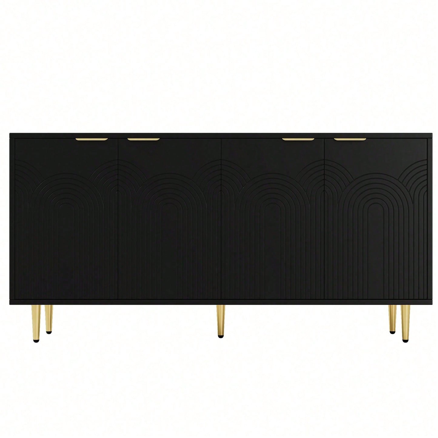 Schwarzes Sideboard mit Goldakzenten – Moderne Kommode mit 4 Türen, gebürsteten Griffen & Hochglanzbeinen (160*80*40 cm) – Eleganter Wohntresor fürs Wohnzimmer