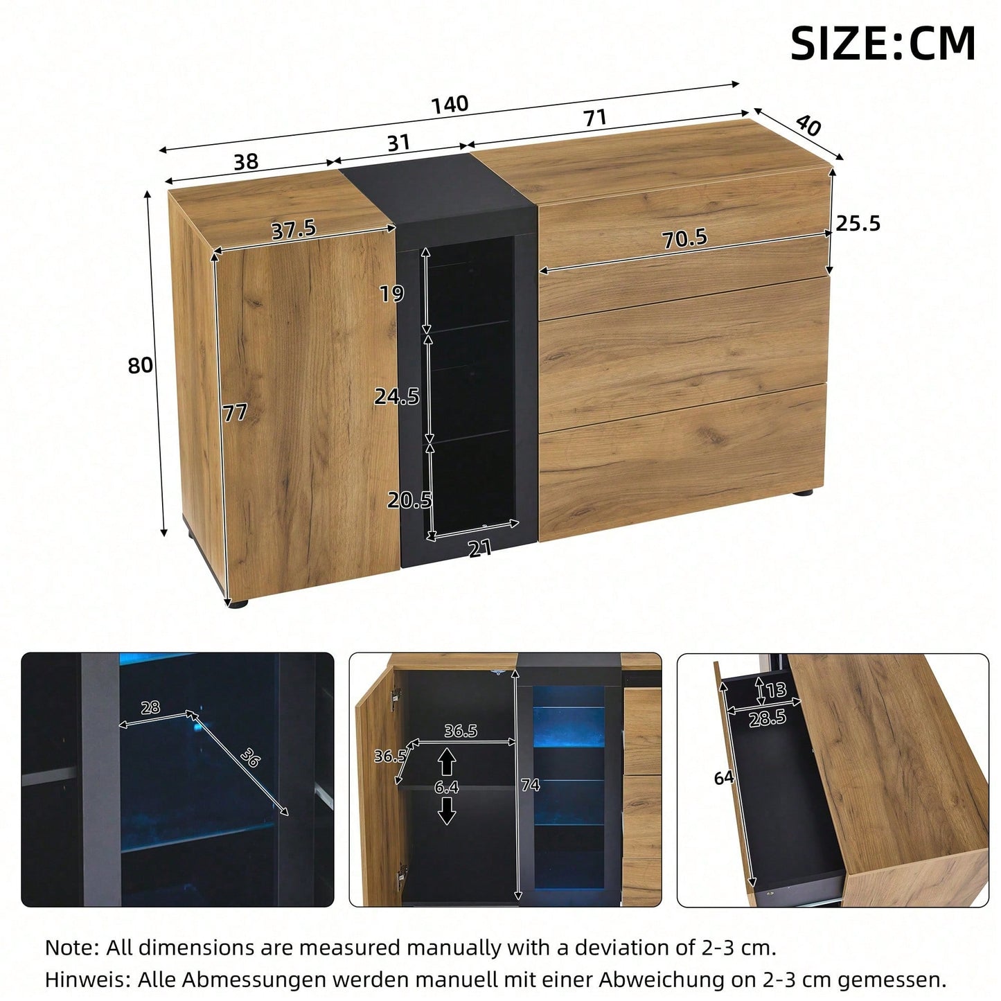 Sideboard, Modernes Anrichte Schrank Buffetschrank Sideboard mit 3 Schubladen,Accent Konsolentisch-Aufbewahrungsschrank mit Glas, Breite 140 cm