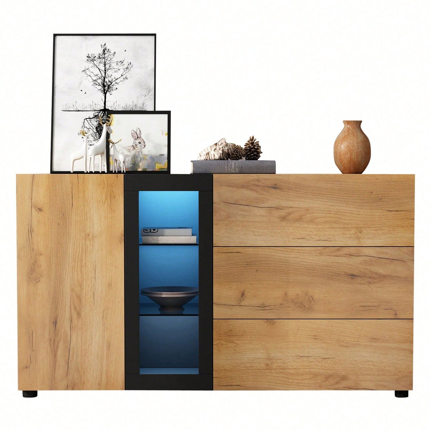 Sideboard, Modernes Anrichte Schrank Buffetschrank Sideboard mit 3 Schubladen,Accent Konsolentisch-Aufbewahrungsschrank mit Glas, Breite 140 cm