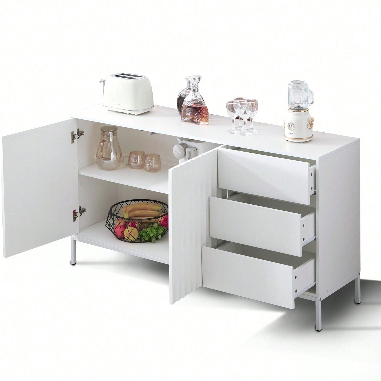 1.5m weißes modernes minimalistisches Sideboard, Aufbewahrungsschrank, Wellenmuster-Design, verstellbare Einlegeböden, 3 Schubladen, geeignet für Küche, Wohnzimmer, Korridor und andere Multi-Szene