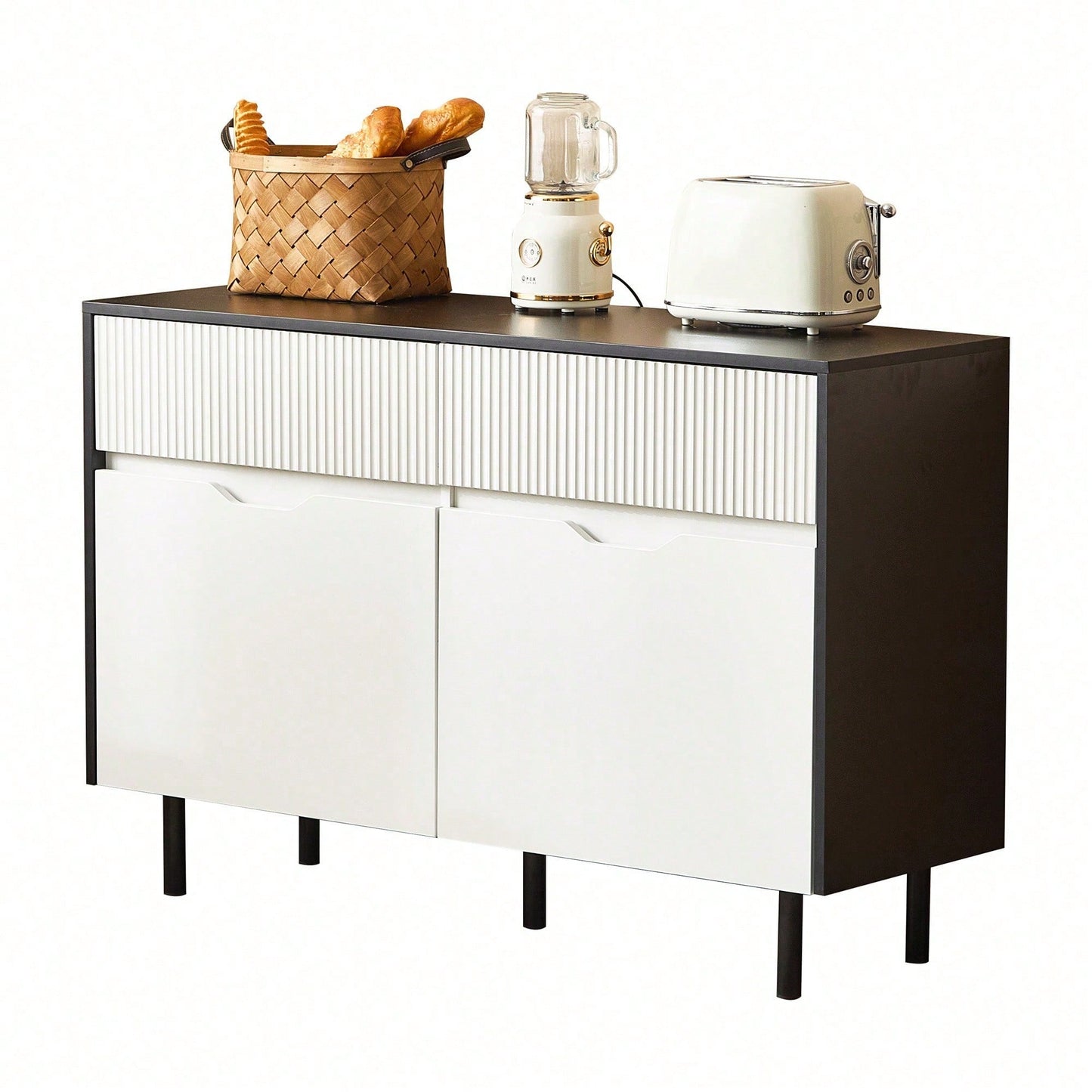 Aufbewahrungsschrank 120cm mit geriffelten Schubladen, schwarz-weißes Design, verstellbare Einlegeböden, 2 Türen, Sideboard-Buffet, Schrank-Organisator für Küche, Wohnzimmer, Esszimmer