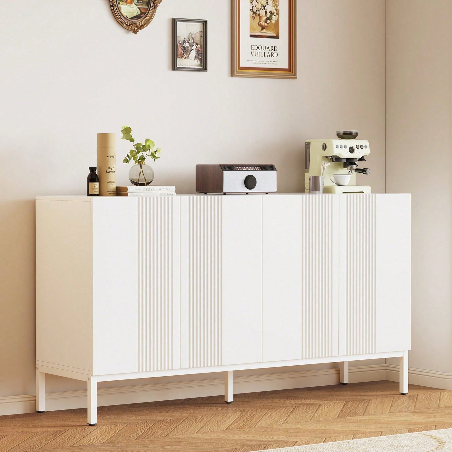 Modernes Sideboard mit einzigartiger Linie, 4-türig, grifflose Tür, für Esszimmer, Wohnzimmer und Küche (Weiß)