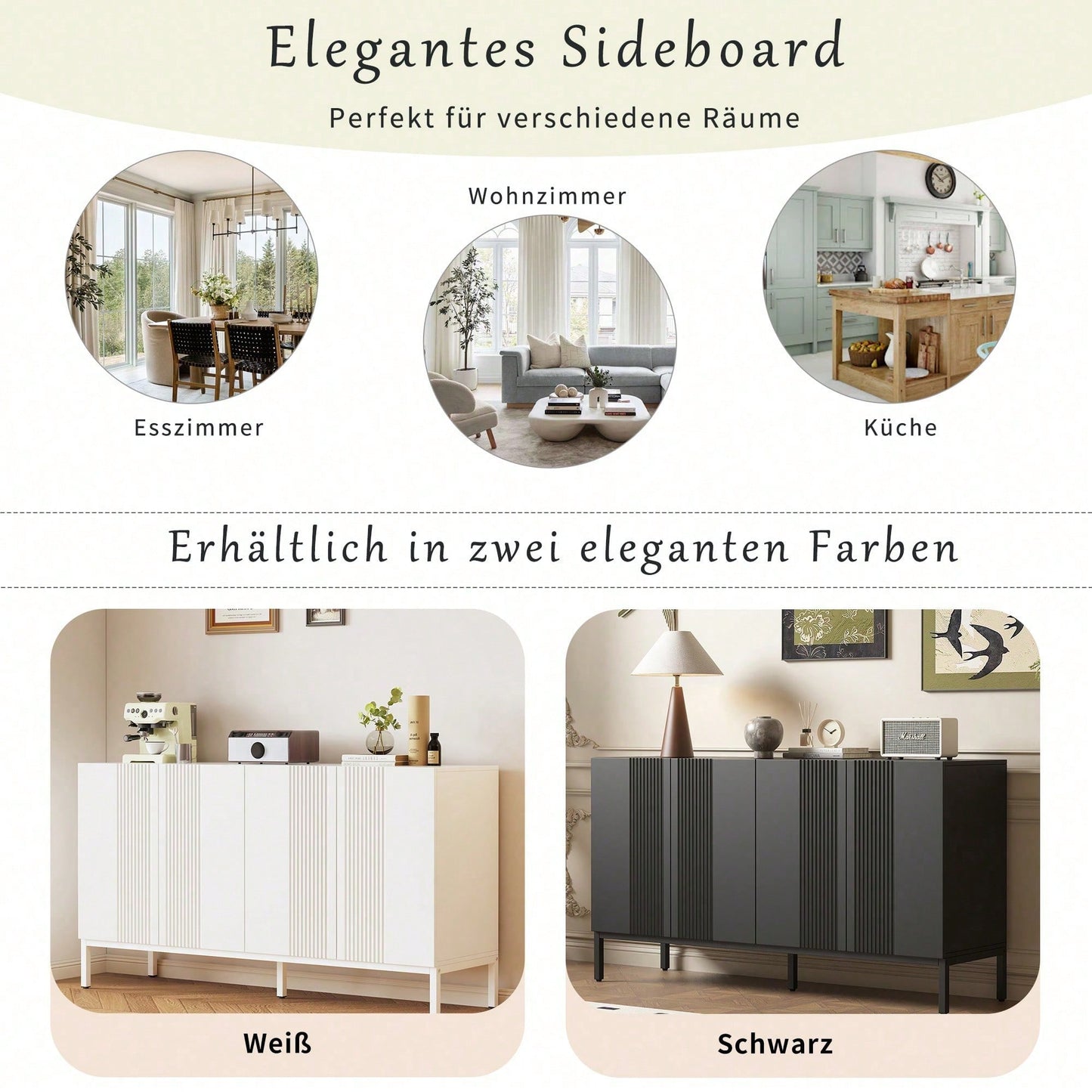 Modernes Sideboard mit einzigartiger Linie, 4-türig, grifflose Tür, für Esszimmer, Wohnzimmer und Küche (Weiß)