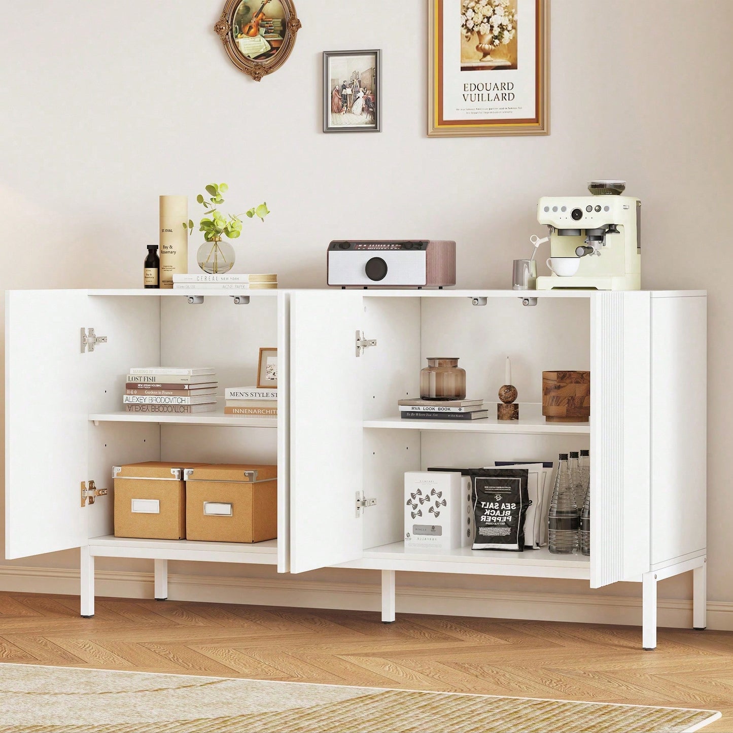 Modernes Sideboard mit einzigartiger Linie, 4-türig, grifflose Tür, für Esszimmer, Wohnzimmer und Küche (Weiß)