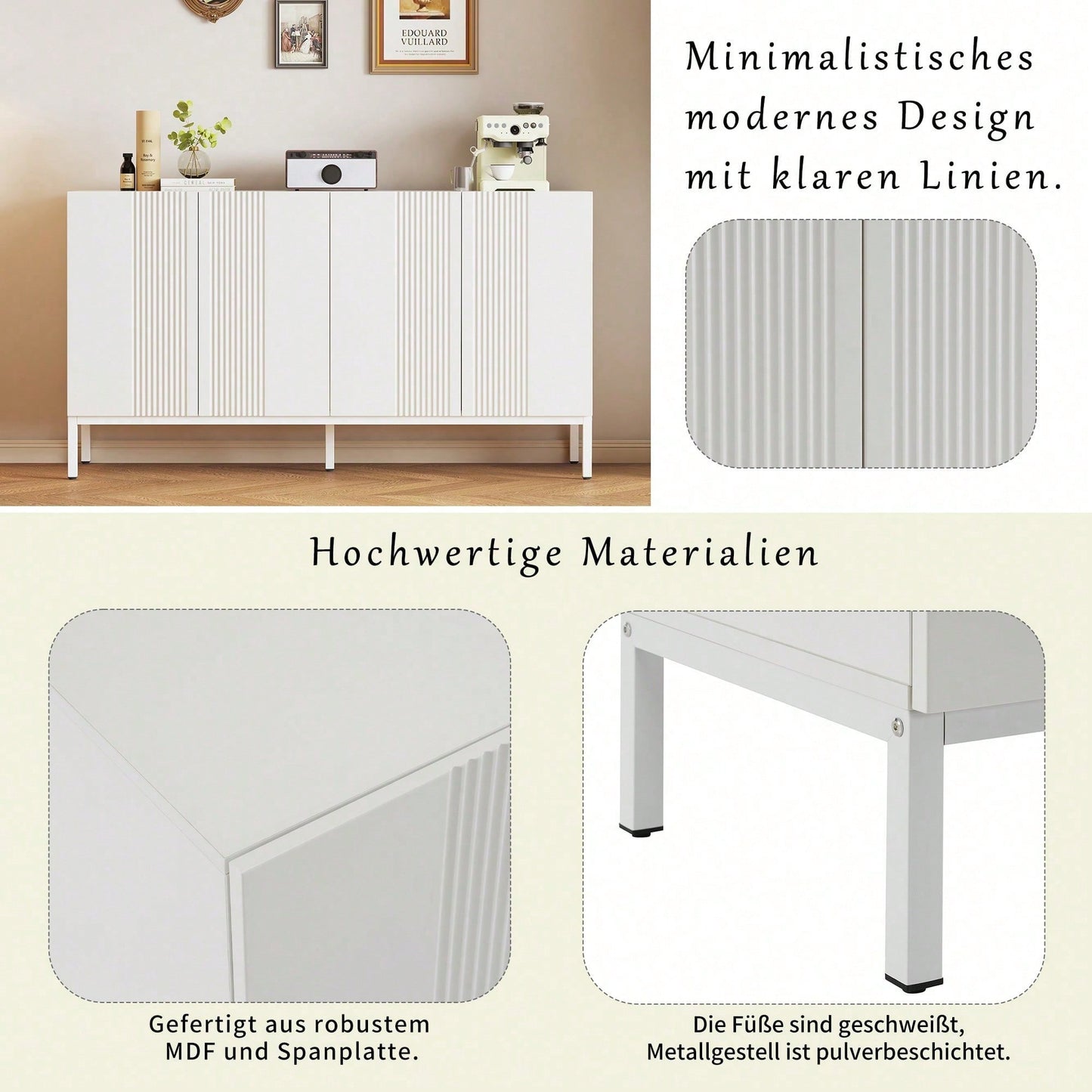 Modernes Sideboard mit einzigartiger Linie, 4-türig, grifflose Tür, für Esszimmer, Wohnzimmer und Küche (Weiß)
