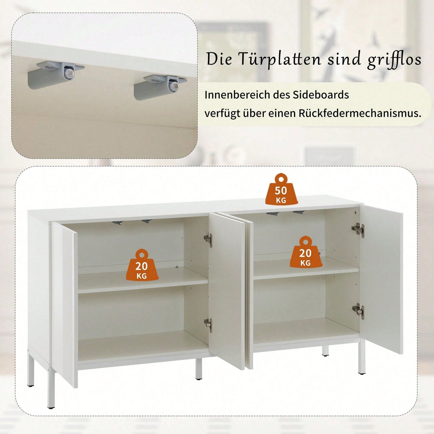 Modernes Sideboard mit einzigartiger Linie, 4-türig, grifflose Tür, für Esszimmer, Wohnzimmer und Küche (Weiß)