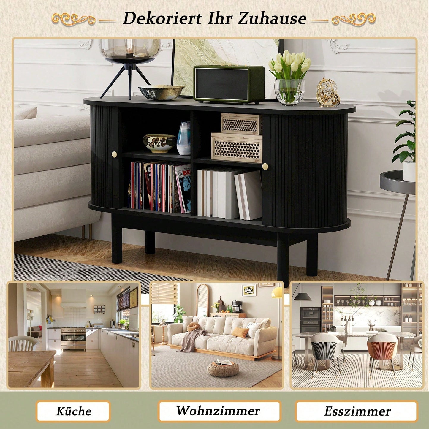 Retro Modernes Holz Sideboard, Lamellen Schrank Sideboard mit Schiebetüren und Kiefernholzbeinen, 138cm Schrank mit verstellbaren Einlegeböden fur Esszimmer, Küche, Flur, Schwarz