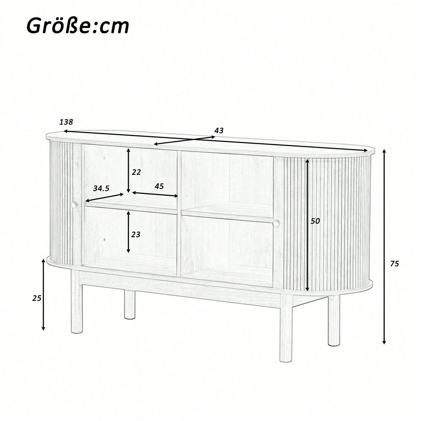 Retro Modernes Holz Sideboard, Lamellen Schrank Sideboard mit Schiebetüren und Kiefernholzbeinen, 138cm Schrank mit verstellbaren Einlegeböden fur Esszimmer, Küche, Flur, Schwarz